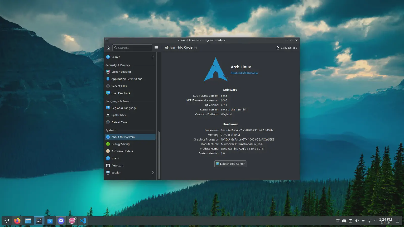 Screenshot of my [Arch Linux](https://archlinux.org) installation running [KDE Plasma](https://kde.org/plasma-desktop/) desktop environment